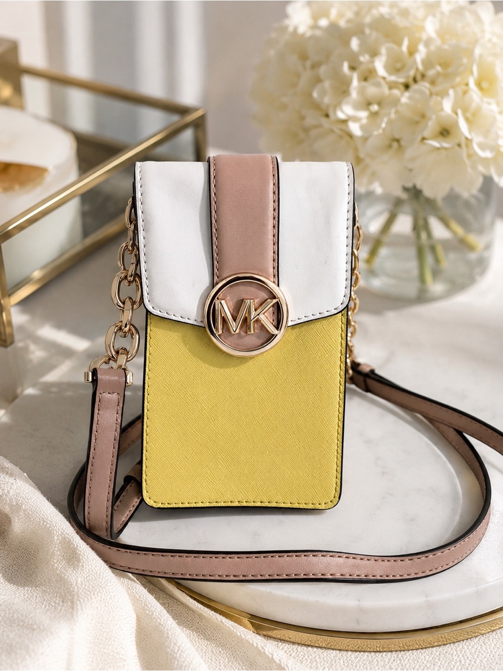 Michael Kors Butter Yellow Quiet Luxury Phone Crossbody Mini Bag Leather Gold